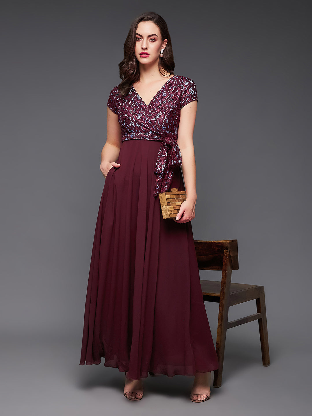 Women's Wine Colored V-Neck Short Sleeve Self Designed Lace Overlaid Maxi Georgette Dress