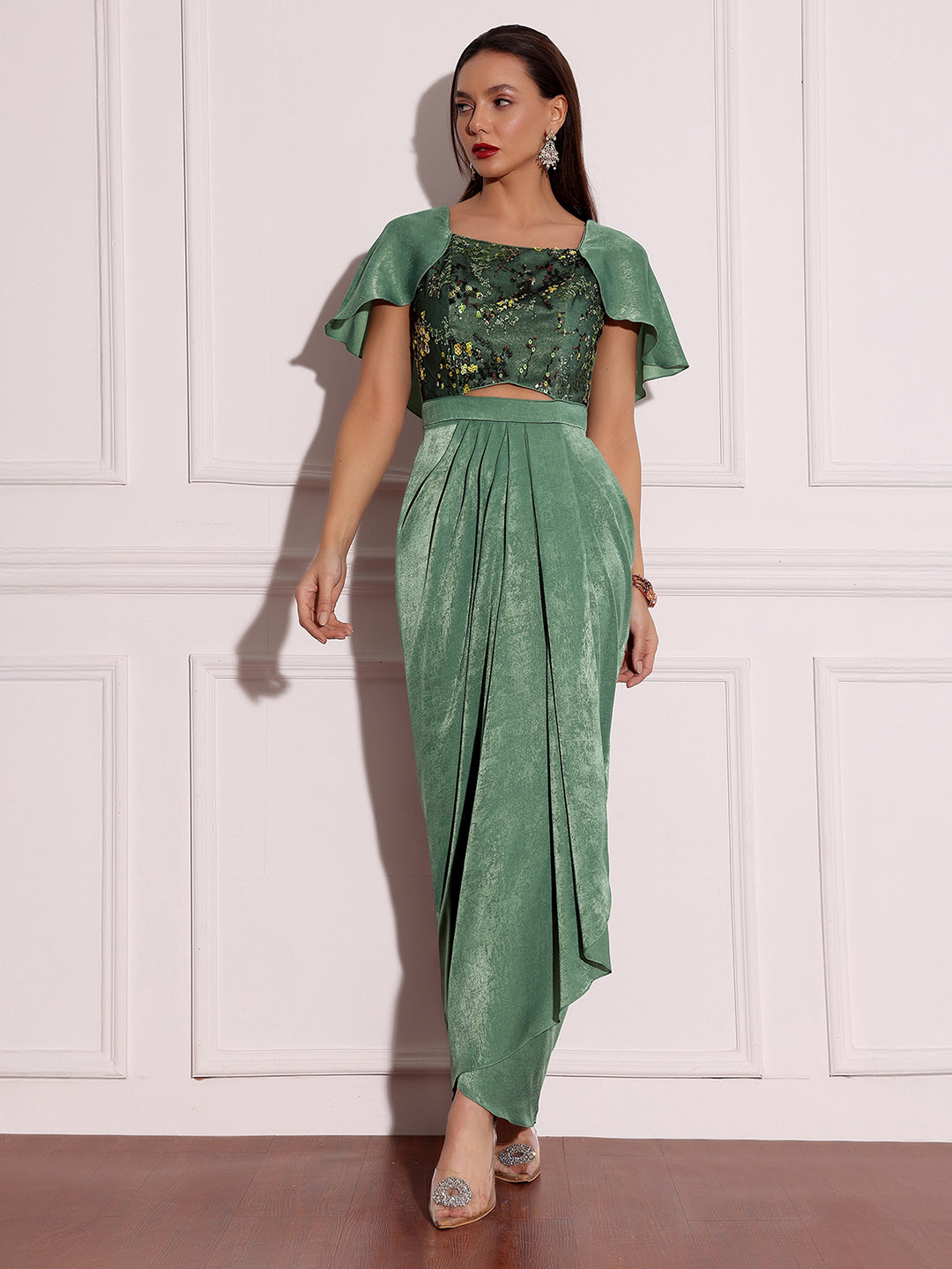 Khakar Meadow Sage Green Embellished Satin Maxi Dress