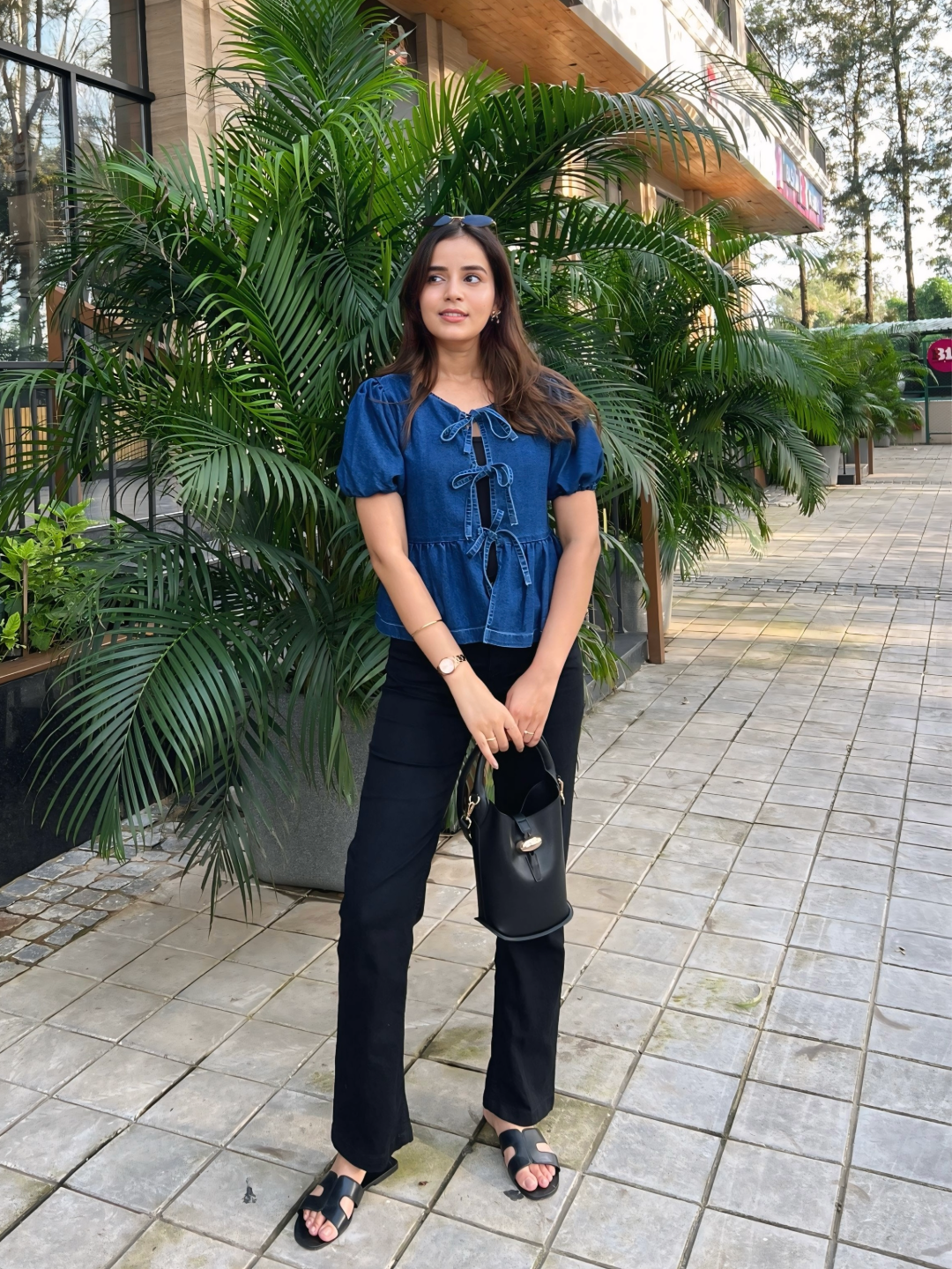 Puff-Sleeves Tie-Up Blue Denim Peplum Top for Women