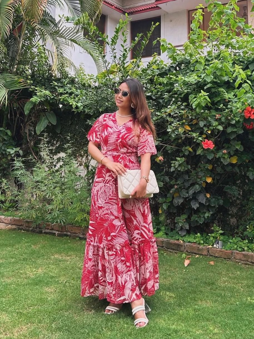 Maroon Floral Printed Flutter Sleeves Maxi Dress for Women