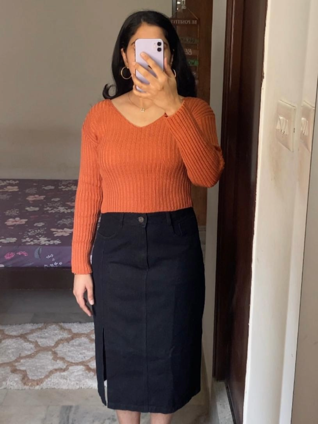 Black Straight-Fit High-Rise Stretchable Denim Midi Skirt for Women