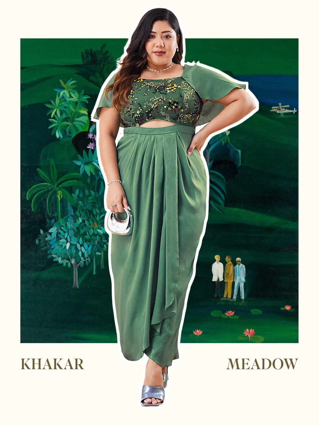 Siege Green Sweetheart-Neck Cape Embellished Draped Satin Maxi Dress for Women