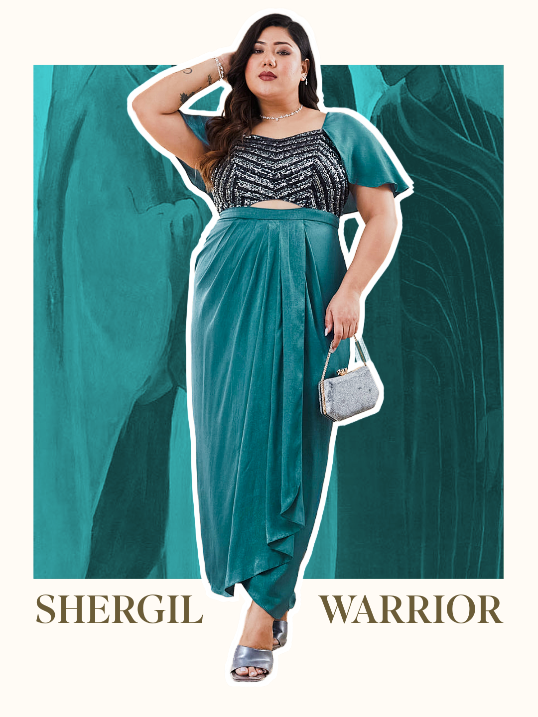 Teal Sweetheart Cape Embellished Draped Satin Maxi Dress for Women
