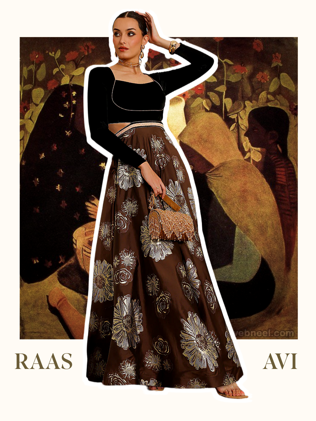 Raas Avi Brown Choli-Cut Floral Cut-Out Maxi Dress