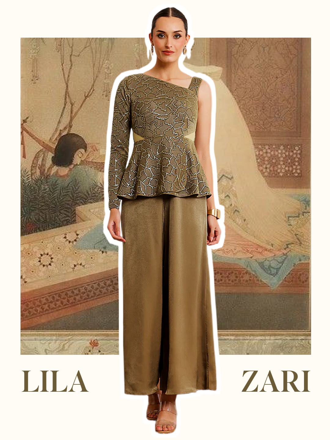 Lila Zari Dark Beige Geometric Peplum Satin Jumpsuit