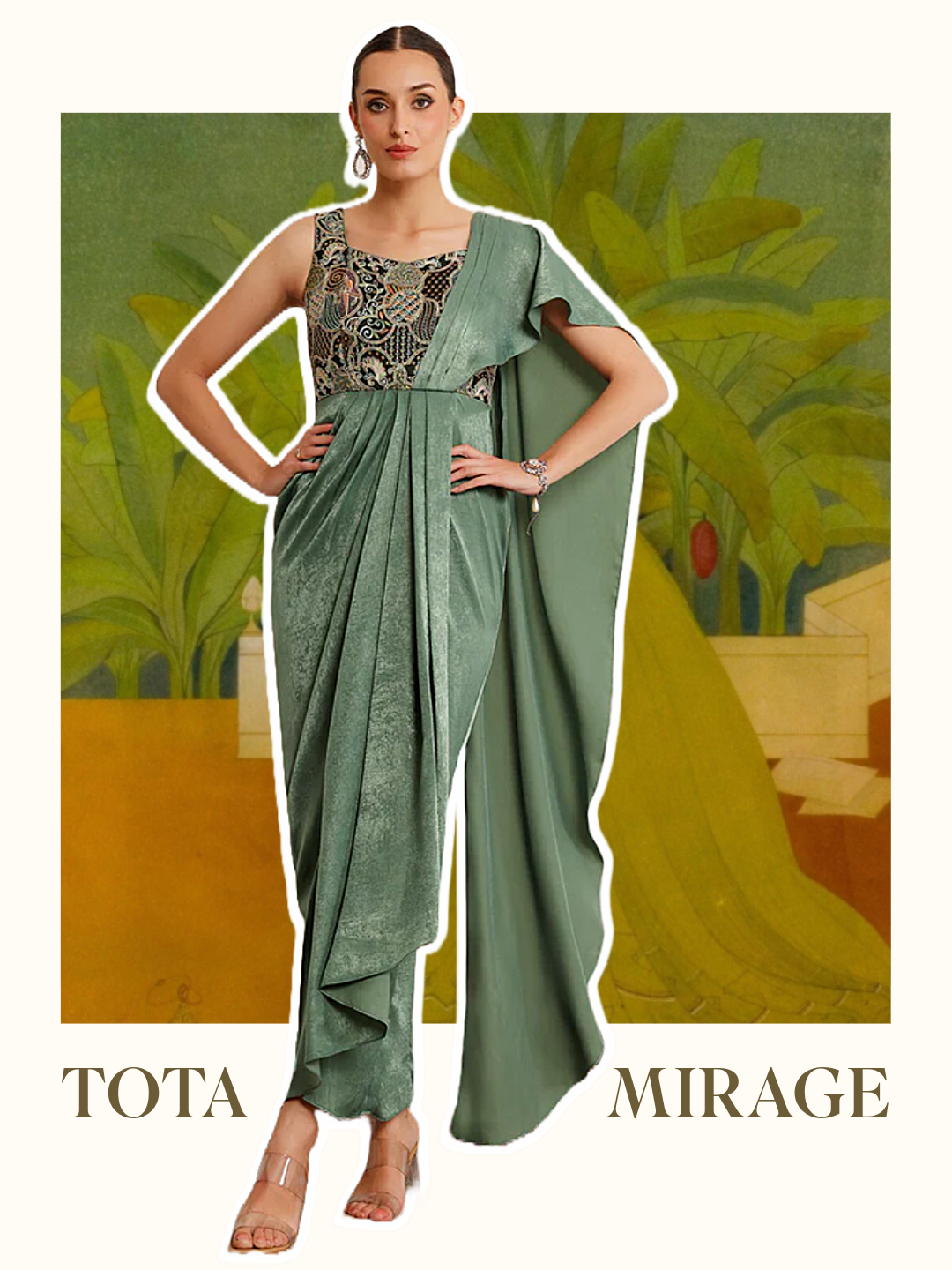 Tota Mirage Sage Green Embroidered Satin Maxi Dress