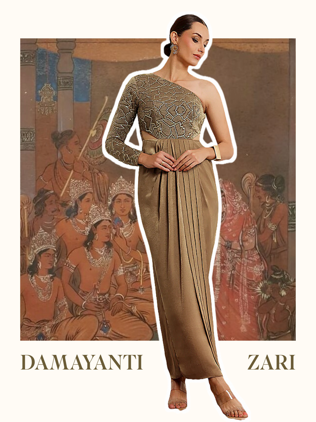 Women's Dark Beige One Shoulder Full-Sleeve Embellished Draped Velvet Maxi Dress