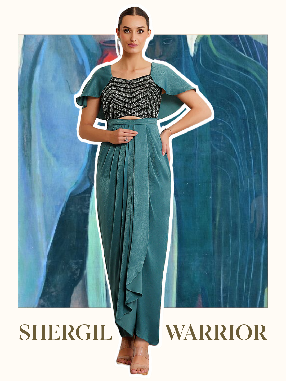 Shergil Warrior Teal Embellished Satin Maxi Dress