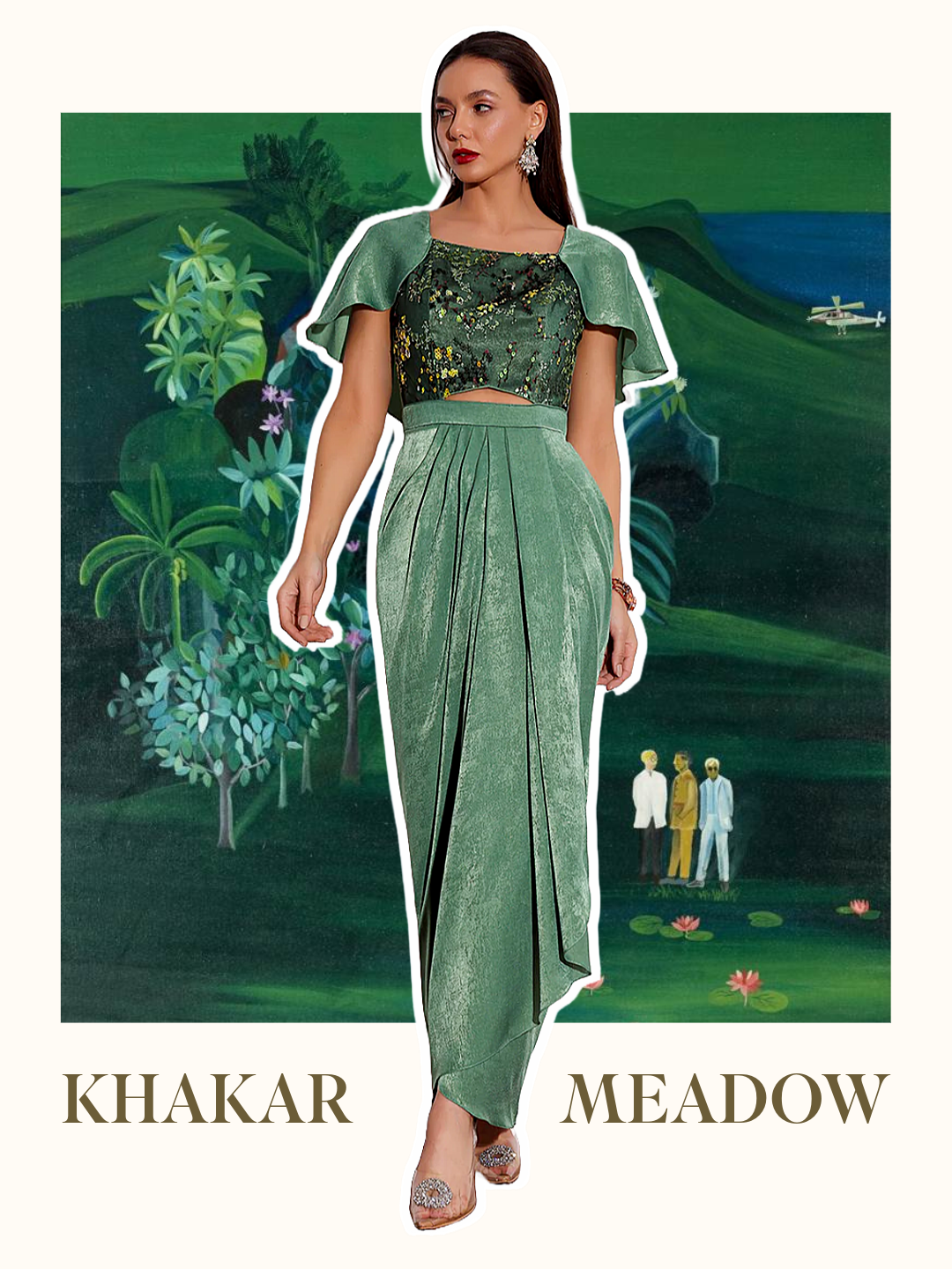 Khakar Meadow Sage Green Embellished Satin Maxi Dress