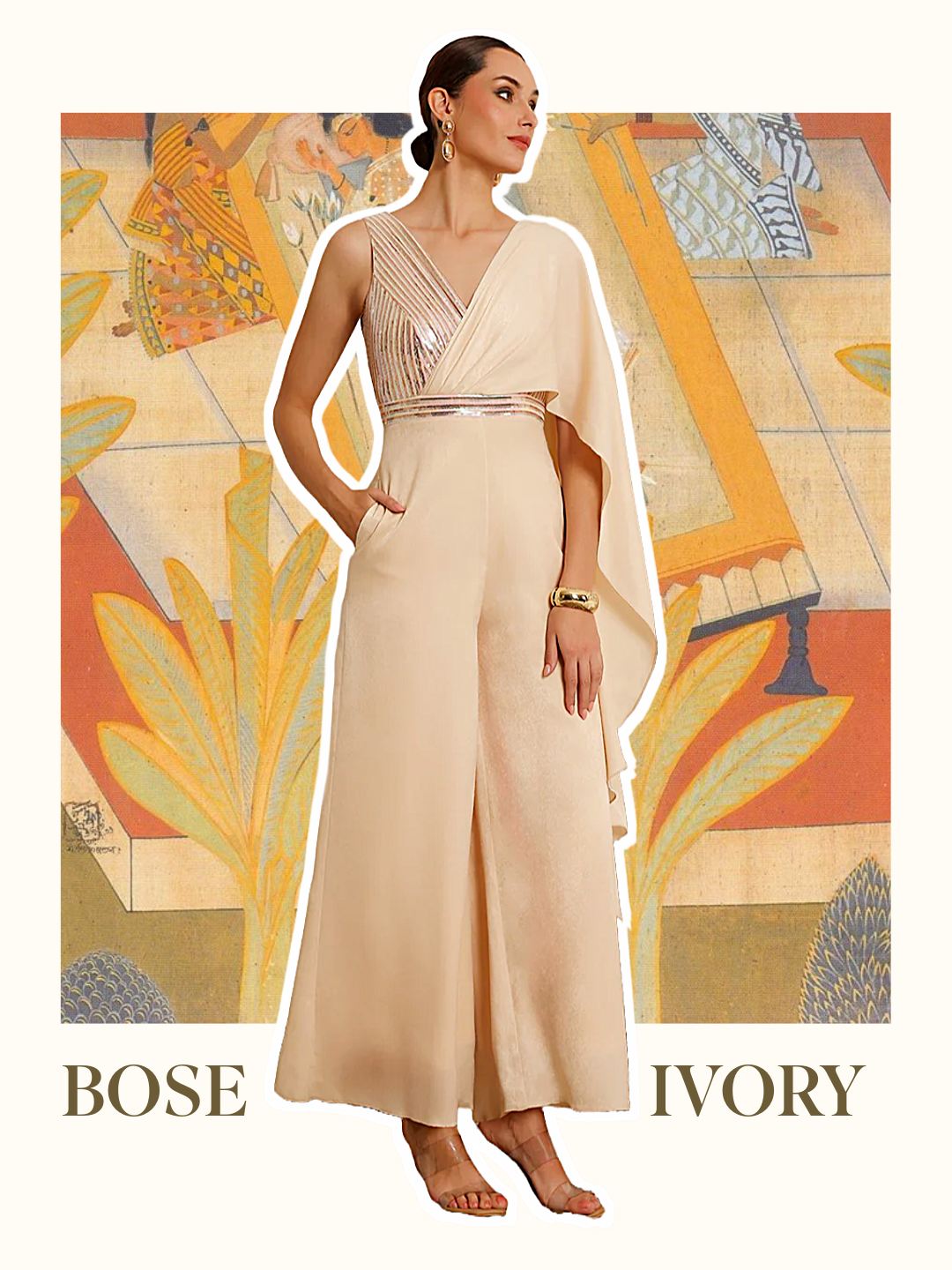 Bose Ivory Embellished Pleated Satin Jumpsuit