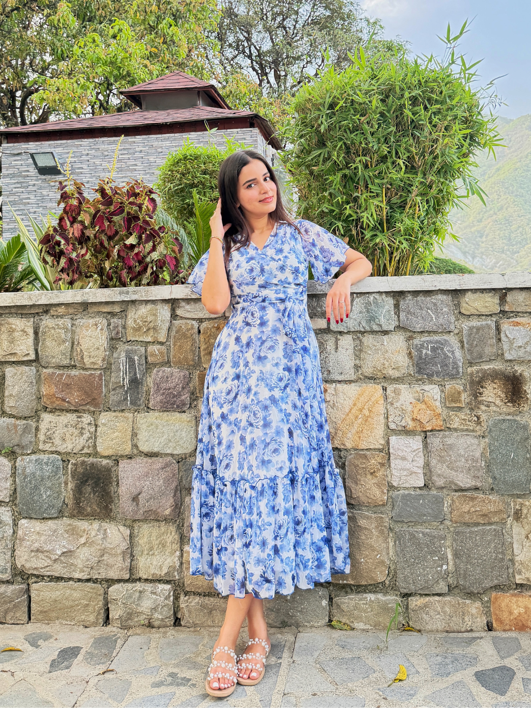 White & Blue Floral Printed Flutter Sleeves Maxi Dress for Women