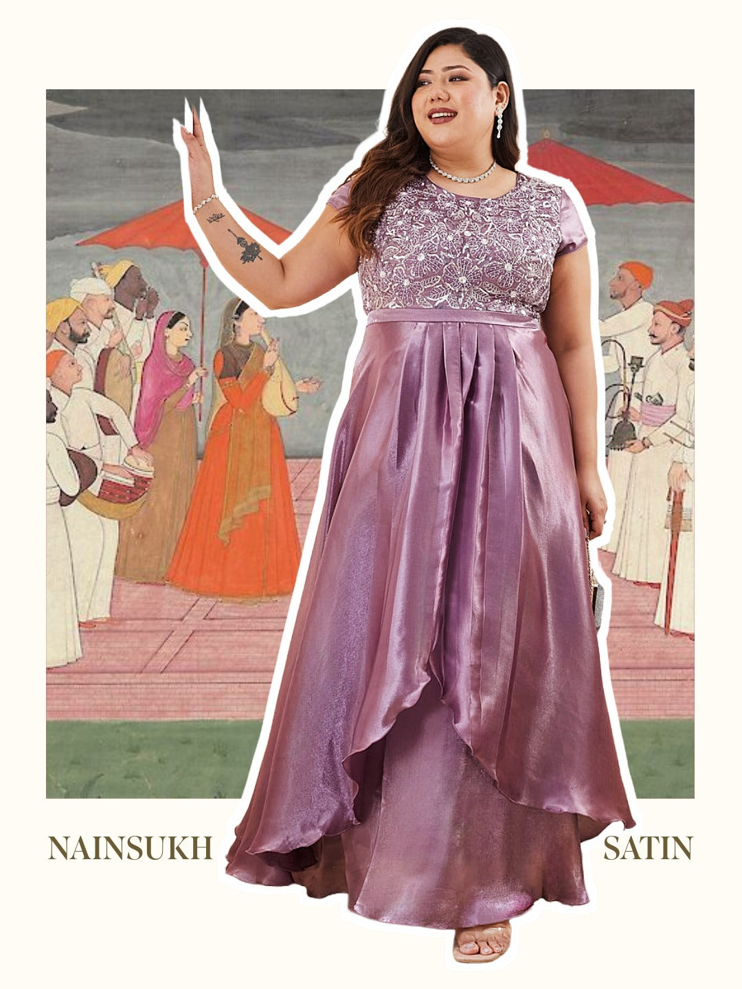 Embroidered Gown in Dusty Purple Layered Premium Satin for Women