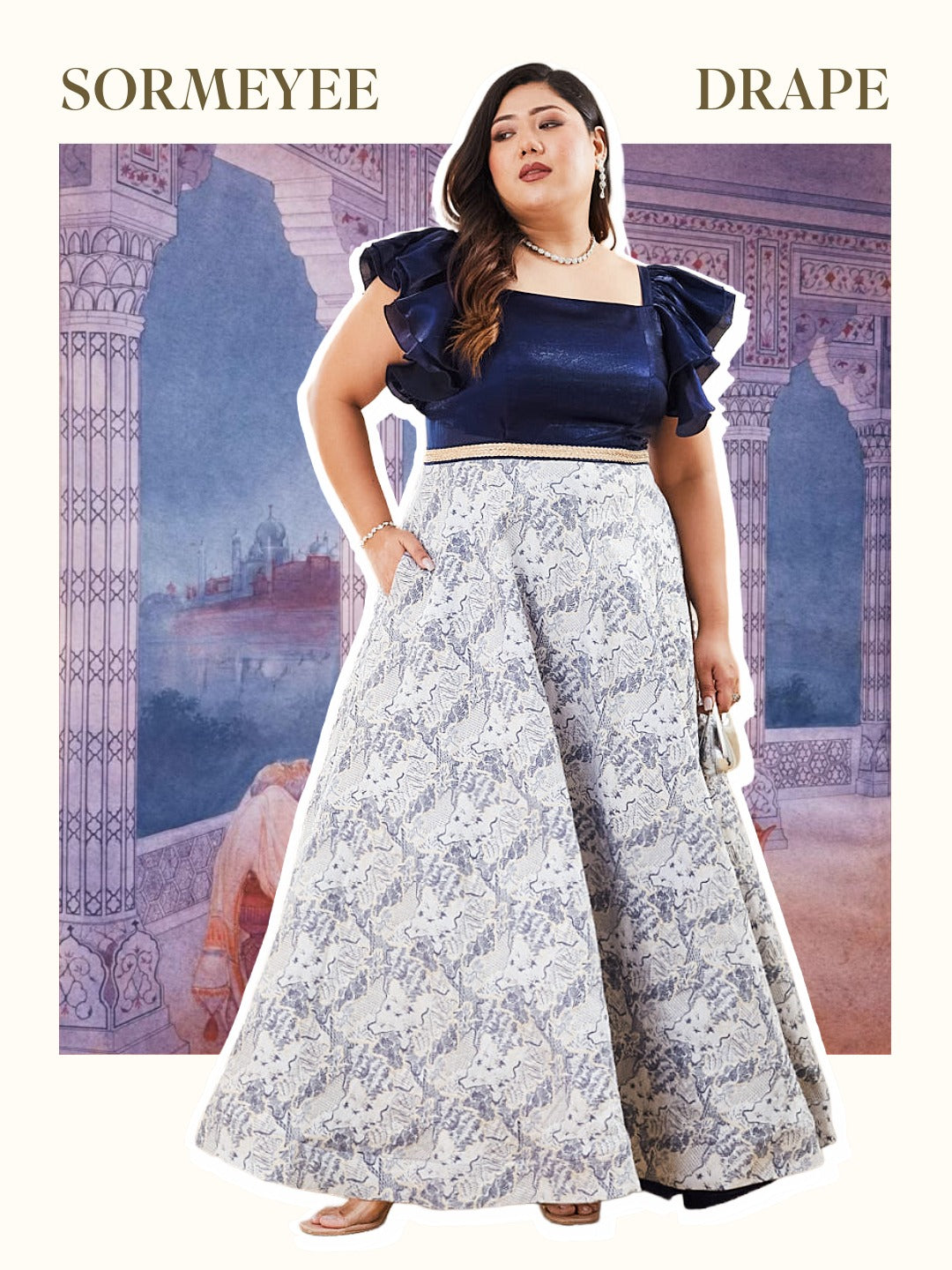 Navy Blue White Square Neck Ruffled Floral Maxi Dress for Women