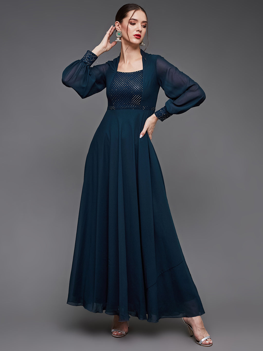 Women's Teal Mandarin-Collar Bishop Sleeve Embellished Panelled Georgette Maxi Dress