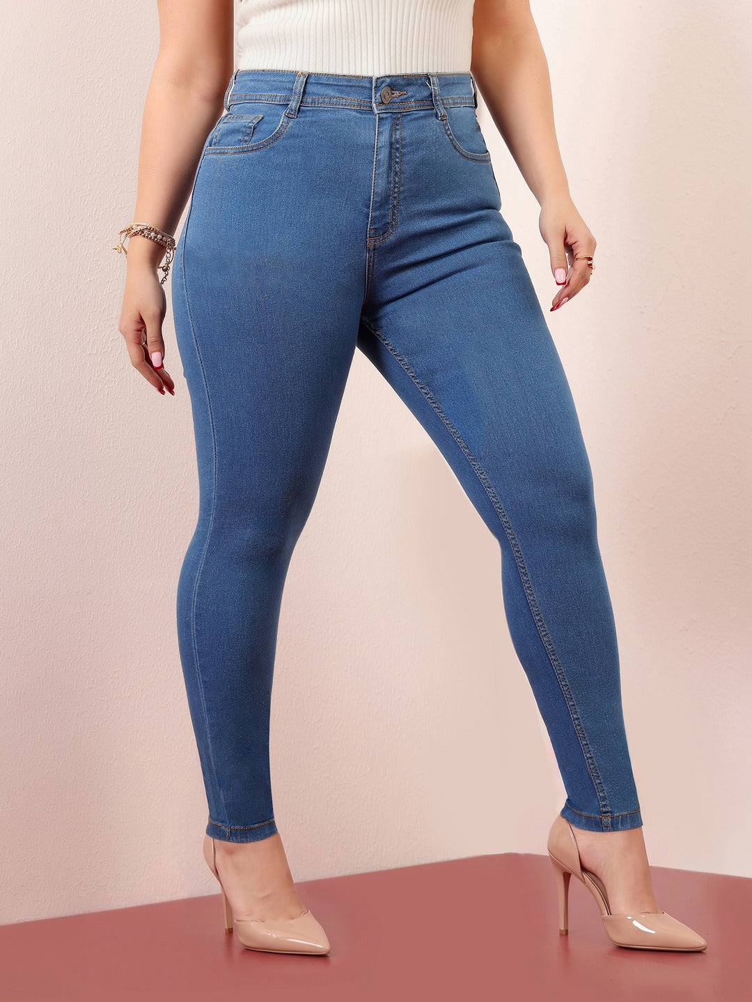 Blue Skinny High Rise Distressed Denim Jeans for Women