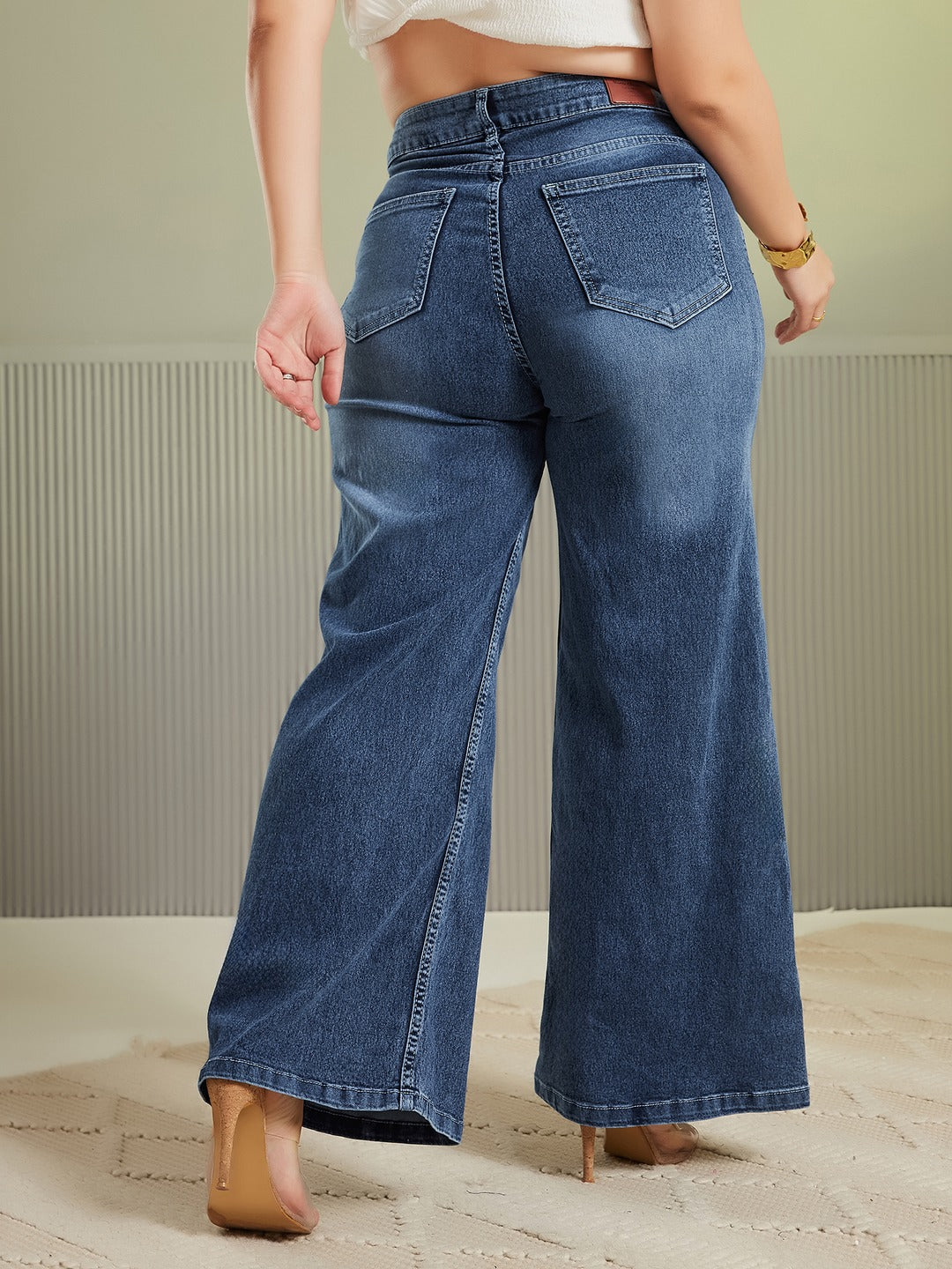 Navy Blue Wide Leg High Rise Stretchable Denim Jeans for Women