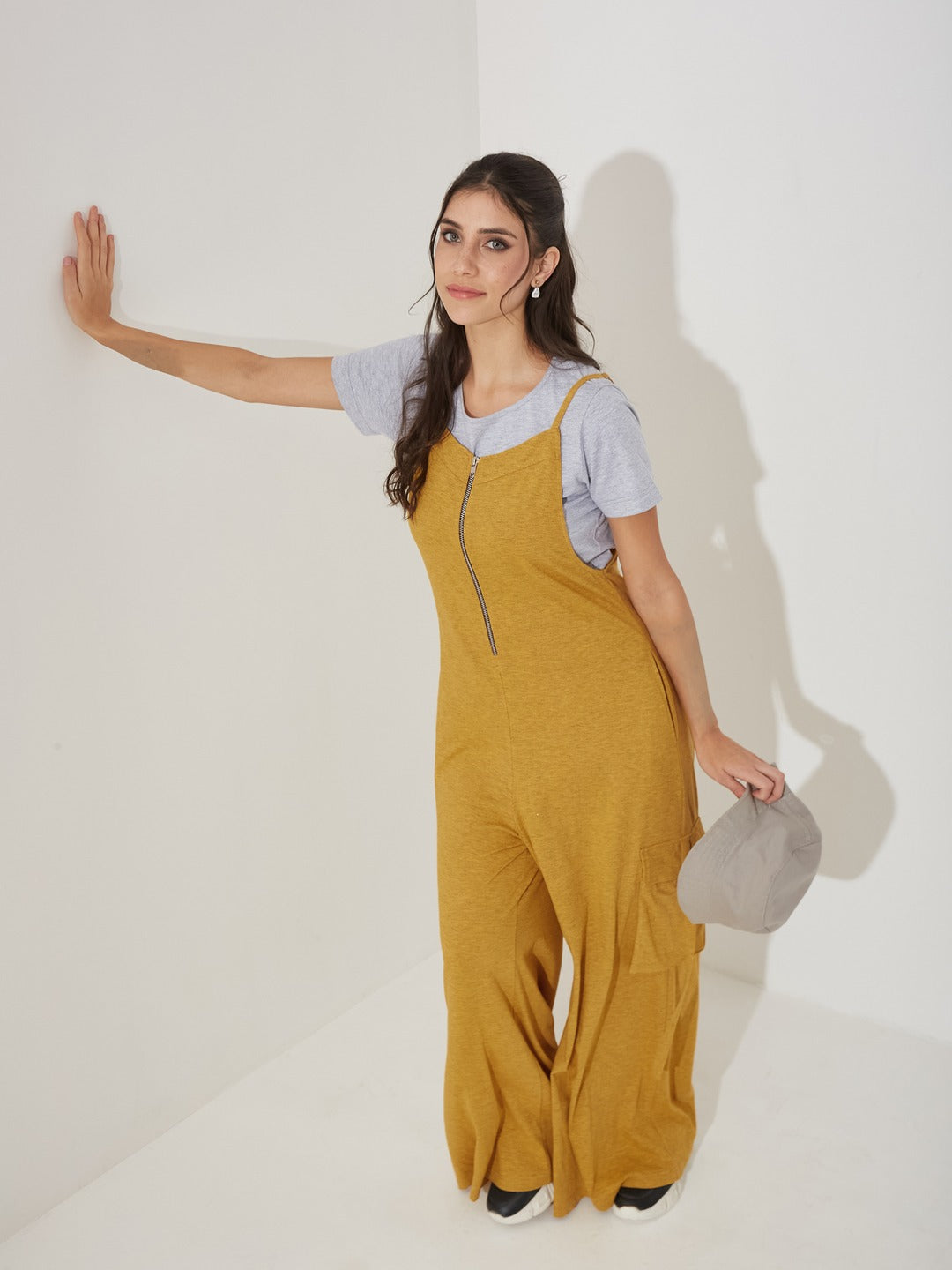 Gold and Grey Round Neck Half Sleeve Solid Regular Fit Cotton Dungaree Co-Ord Set for Women