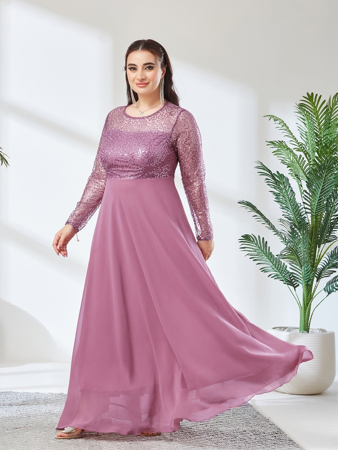 Dusty Lavender Solid Embellished Maxi Dress for Women