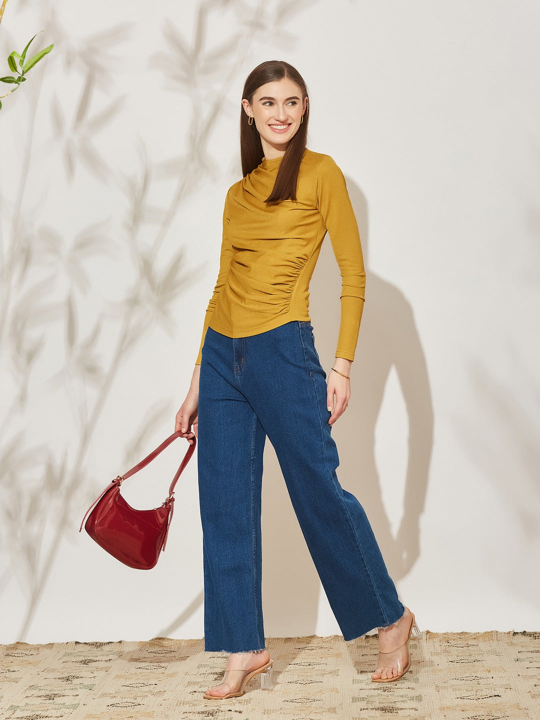 Golden Draped Polo Neck Full Sleeve Polyester Top for Women