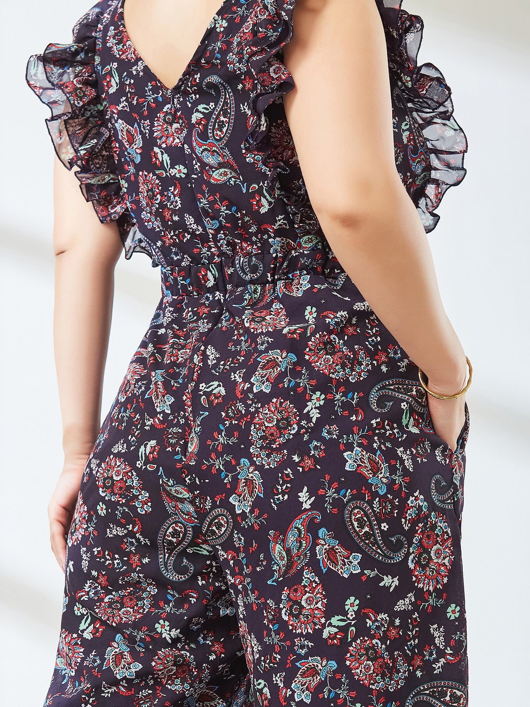 Navy Blue Round Neck Sleeveless Floral Wide Leg Regular Jumpsuit for Women