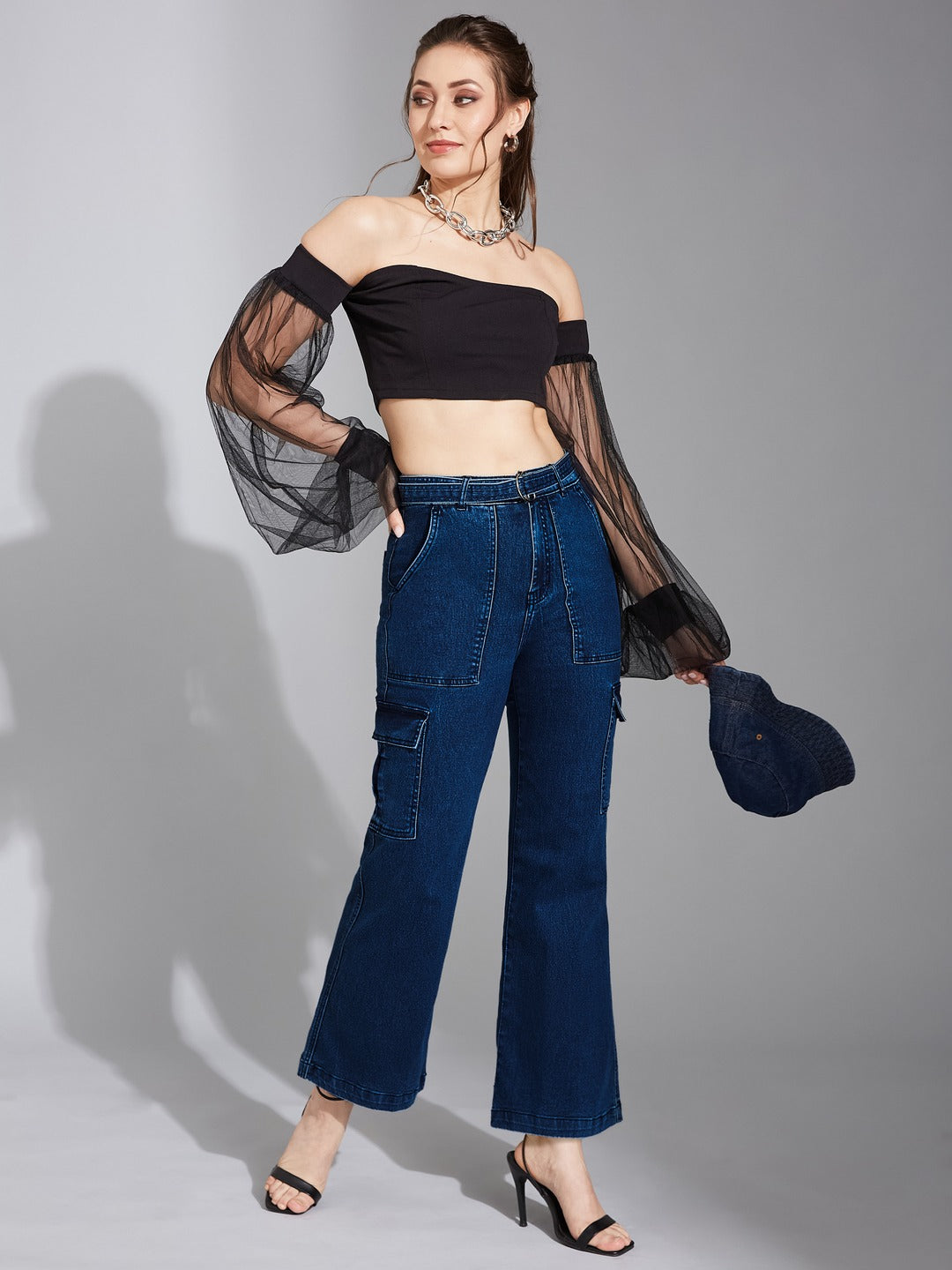 Blue Wide-Leg High-Rise Stretchable Corgo Denim Jeans for Women