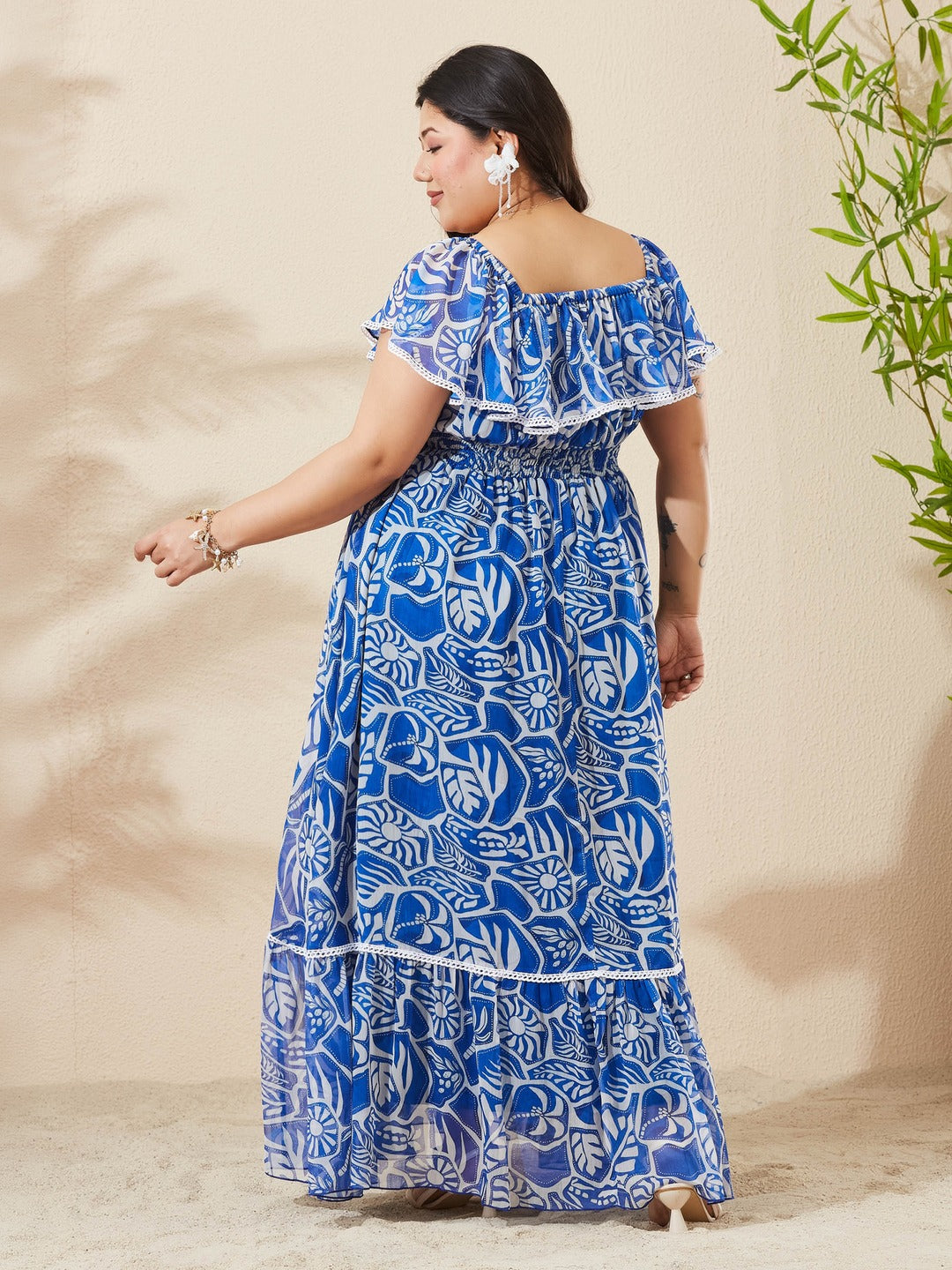 White And Blue Square Neck Cape Floral Tiered Maxi Chiffon Dress for Women