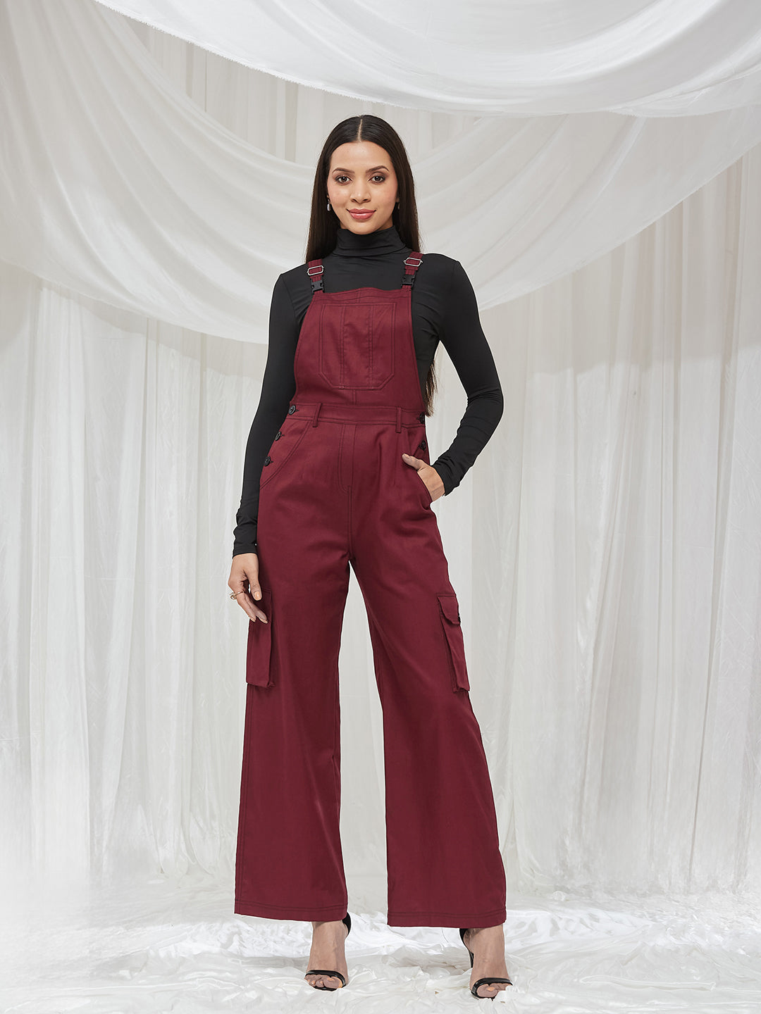 Maroon Square Neck Sleeveless Solid Full Length Cotton Dungaree for Women