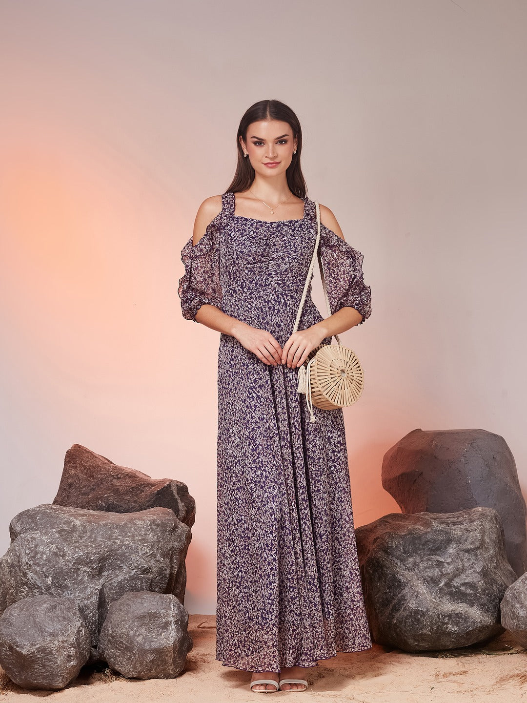 Purple Sweetheart Cold Shoulder Floral Ruched Chiffon Maxi Dress for Women