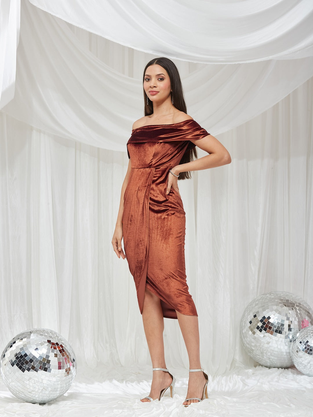 Rust Velvet Off-Shoulder Draped Knee-Length Dress with Tulip Hem for Women