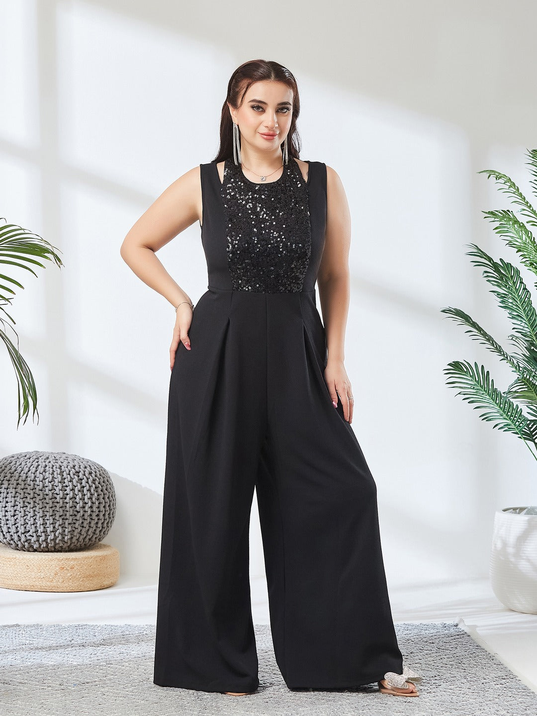 Black Halter Neck Sleeveless Solid Pleated/Wide Leg Sequin Paneled Regular Length Jumpsuit for Women
