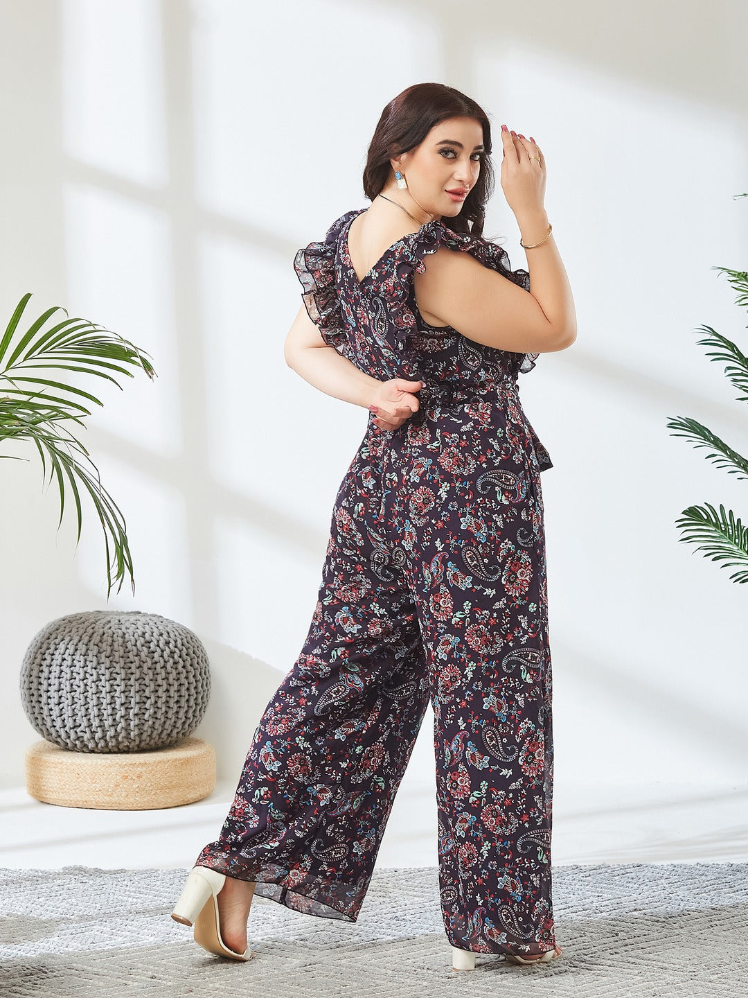 Navy Blue Round Neck Sleeveless Floral Wide Leg Regular Jumpsuit for Women