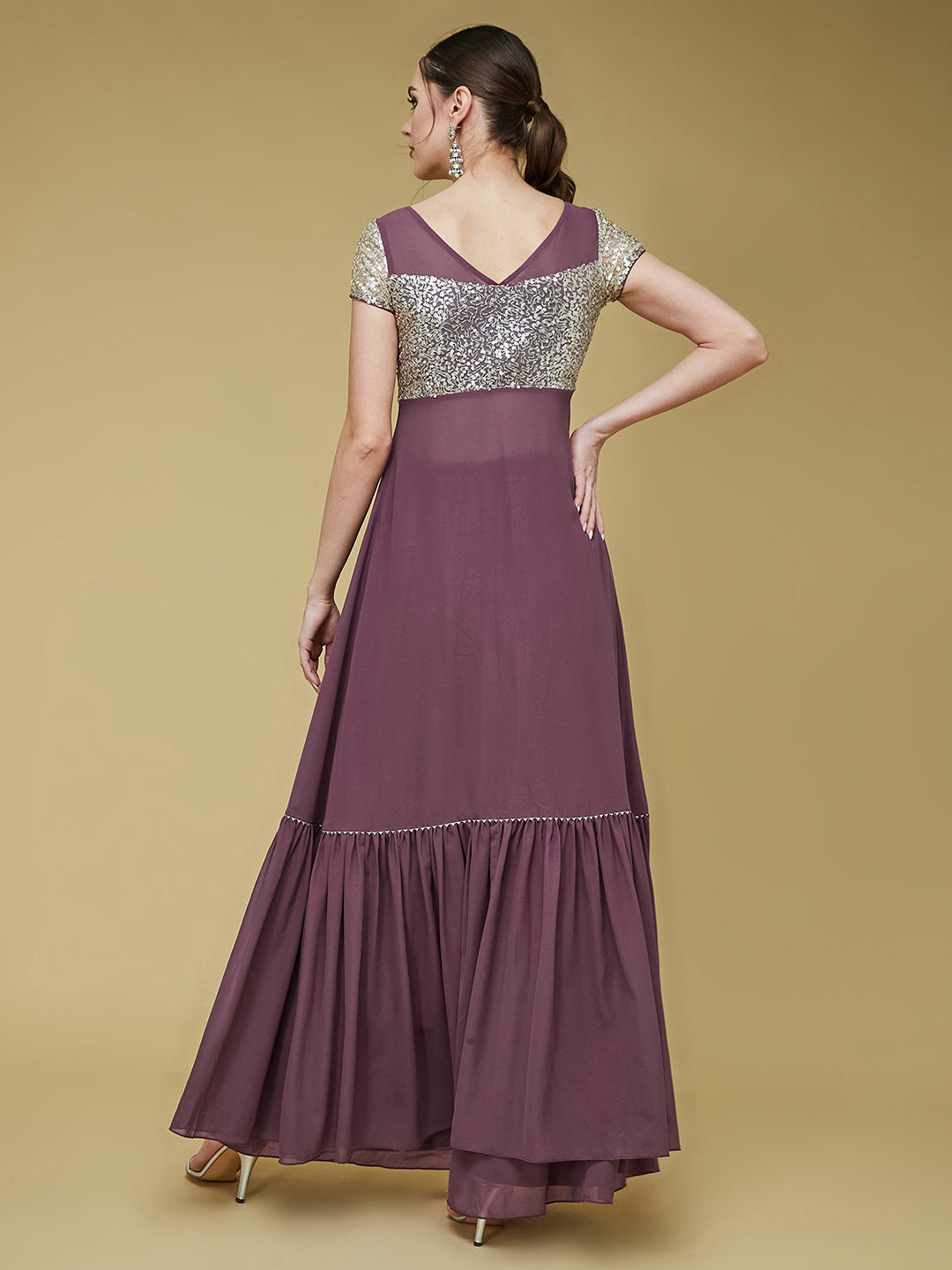 Mauve Embellished Square Neck Short Sleeves Waist Band Pocketed Tiered Maxi Co-Ord Set for Women
