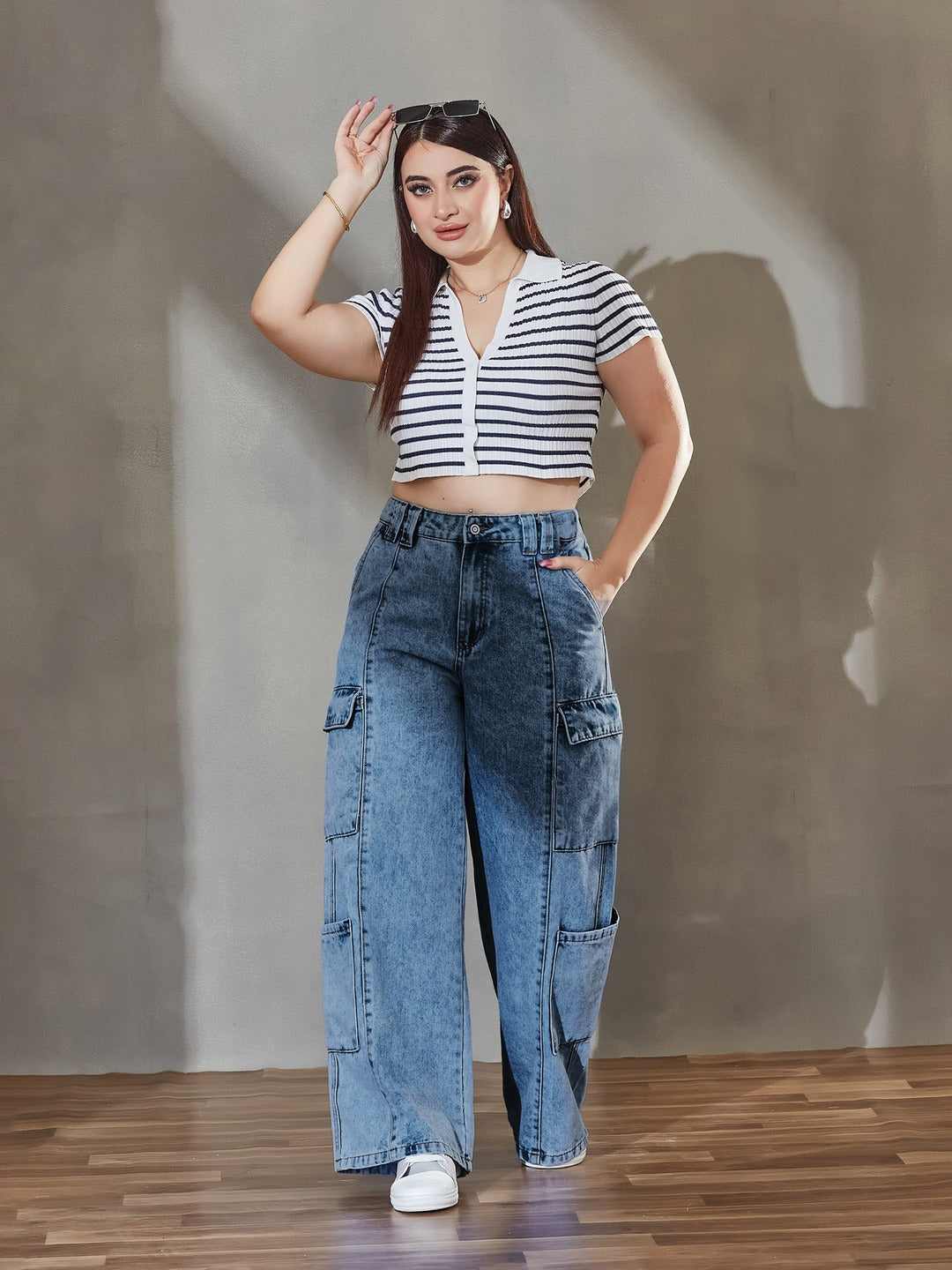 Black High Rise Stretchable Wide Leg Denim Jeans for Women