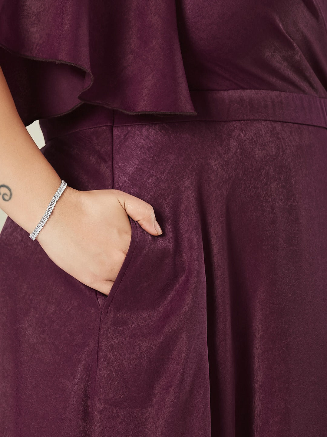 Wine V-Neck Flared Solid Overlap/Tie-Up Midi Satin Dress for Women