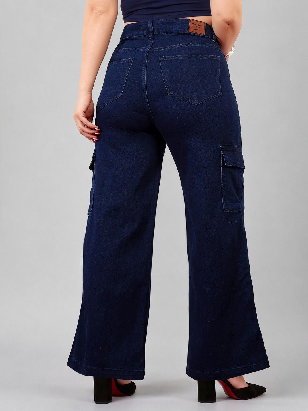 Navy Blue Wide-Leg High-Rise Stretchable Denim Cargo Jeans for Women