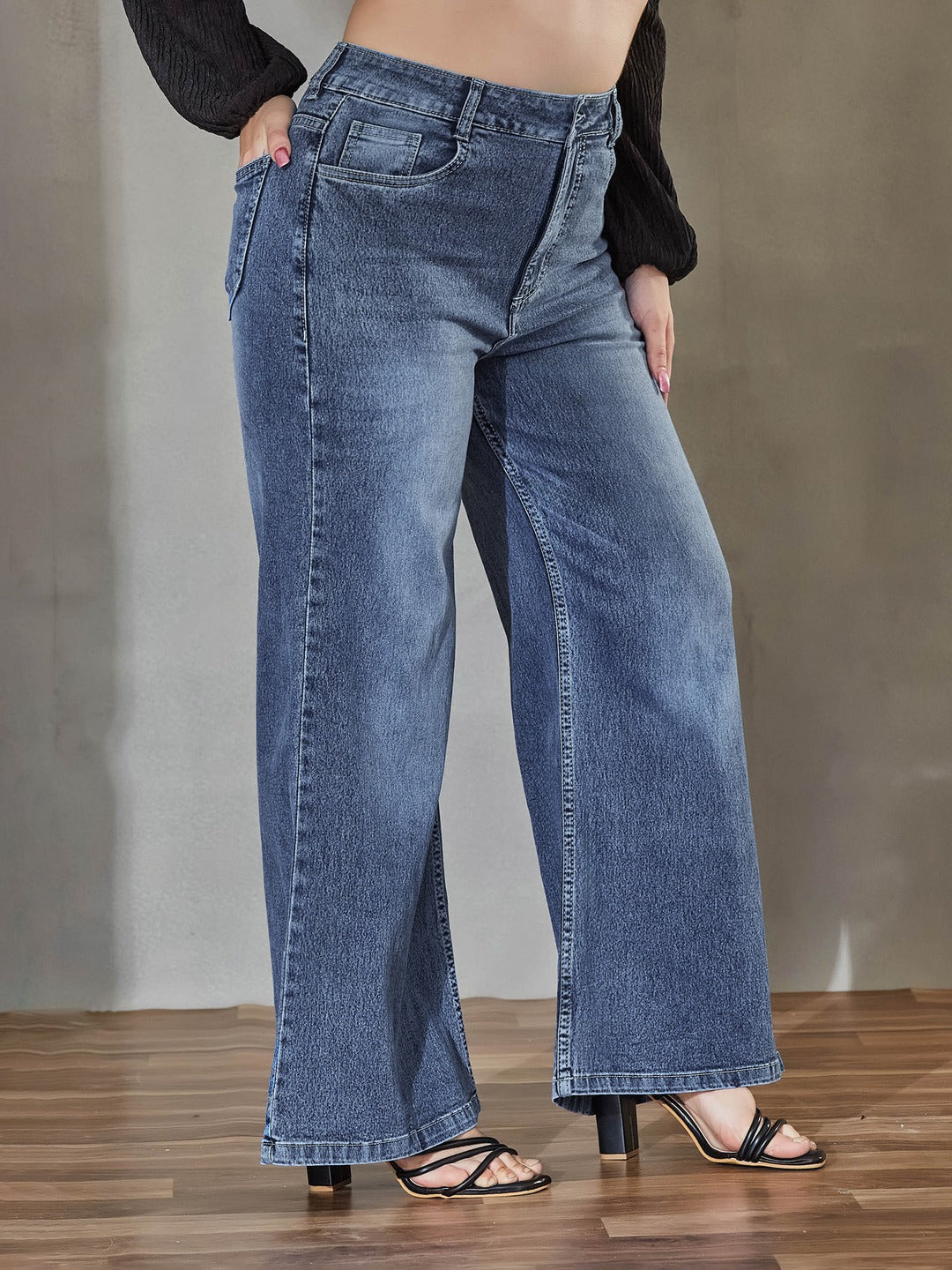 Light Blue Wide-Leg High Rise Regular Denim Pant for Women