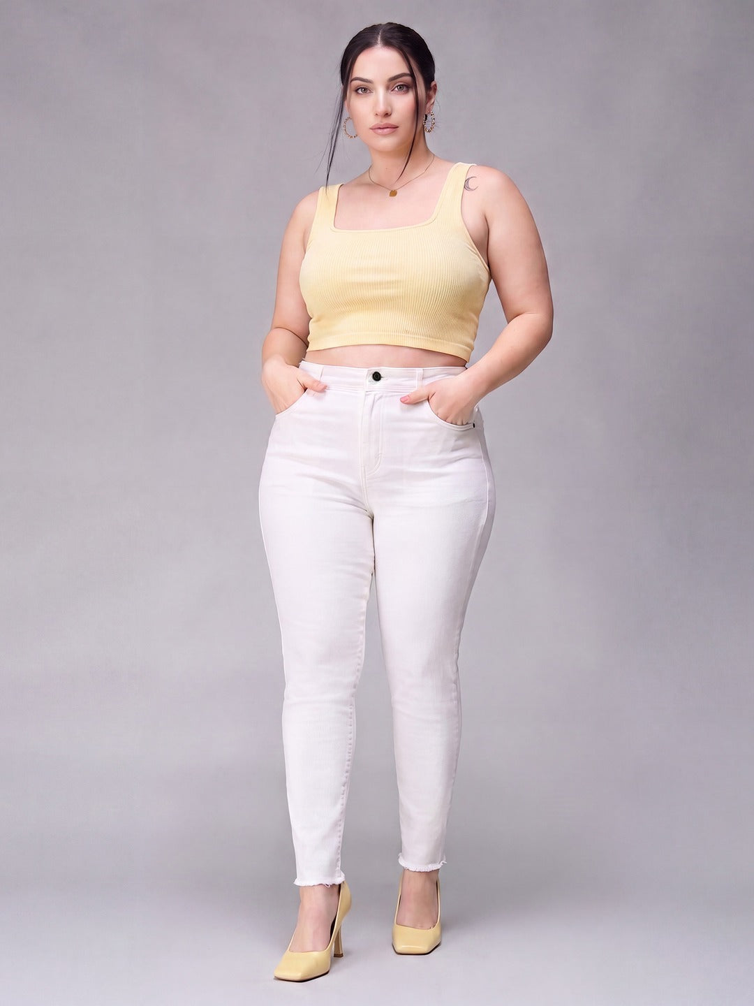 White Skinny High Rise Bleached Cropped Stretchable Denim Jeans for Women
