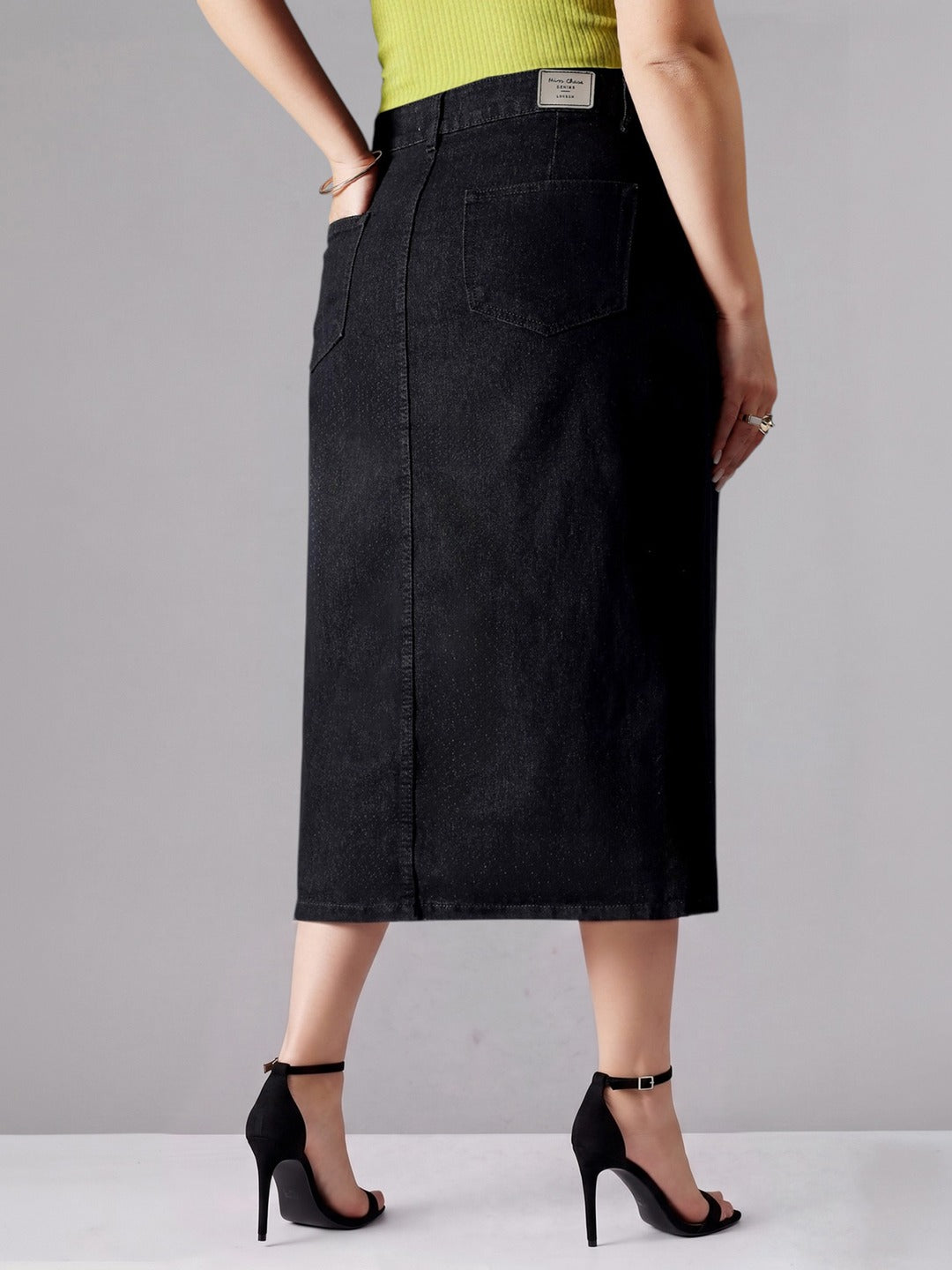 Black Straight-Fit High-Rise Stretchable Denim Midi Skirt for Women