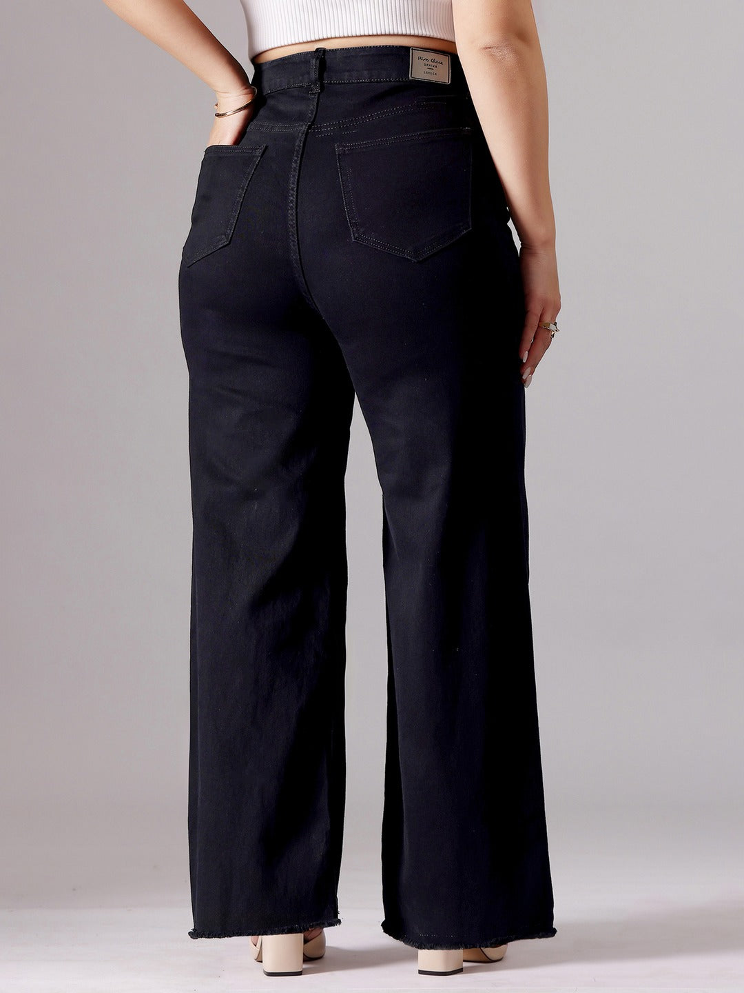Black High Rise Stretchable Wide Leg Denim Jeans for Women