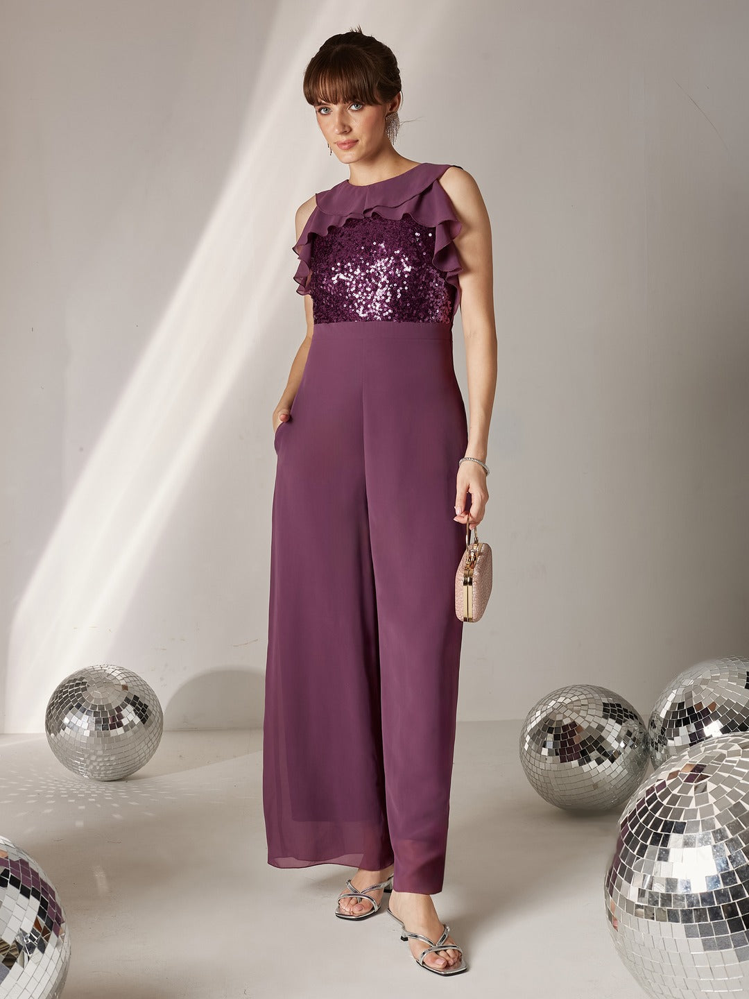 Mauve Sleeveless Embellished Ruffle-Styled Jumpsuit for Women