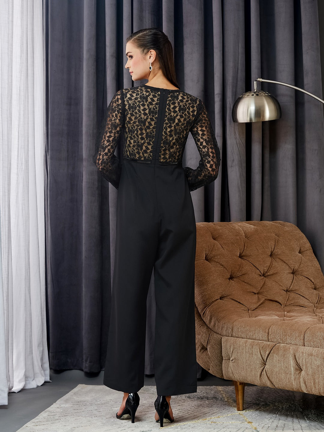 Black Self-Design Crepe V-Neck Jumpsuit with Balloon Sleeves and Lace Detailing for Women