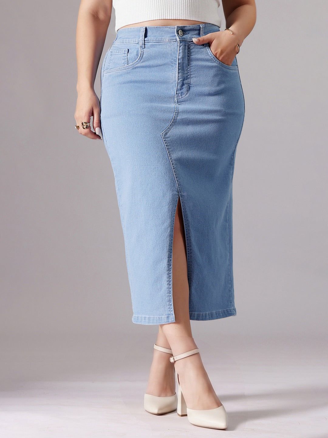 Light Blue Straight Fit High Rise Stretchable Denim Midi Skirt for Women