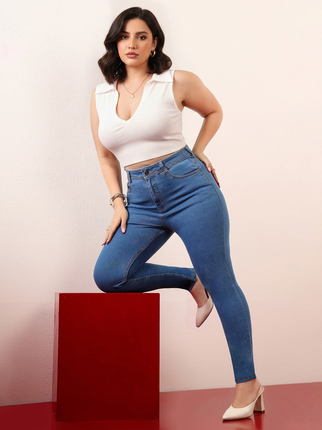 Blue Skinny High Rise Distressed Denim Jeans for Women