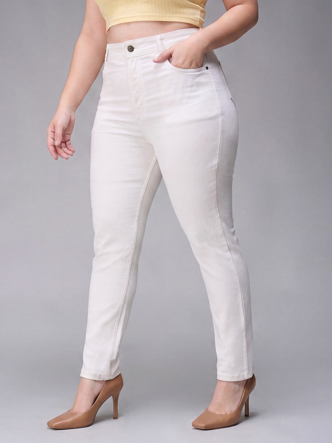 White Skinny High Rise Bleached Stretchable Denim Jeans for Women