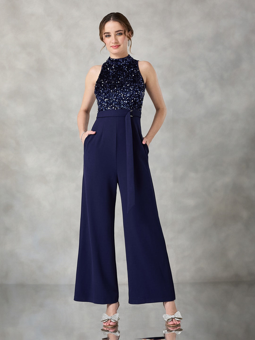 Navy Blue Halter Neck Sleeveless Embellished Jumpsuit for Women