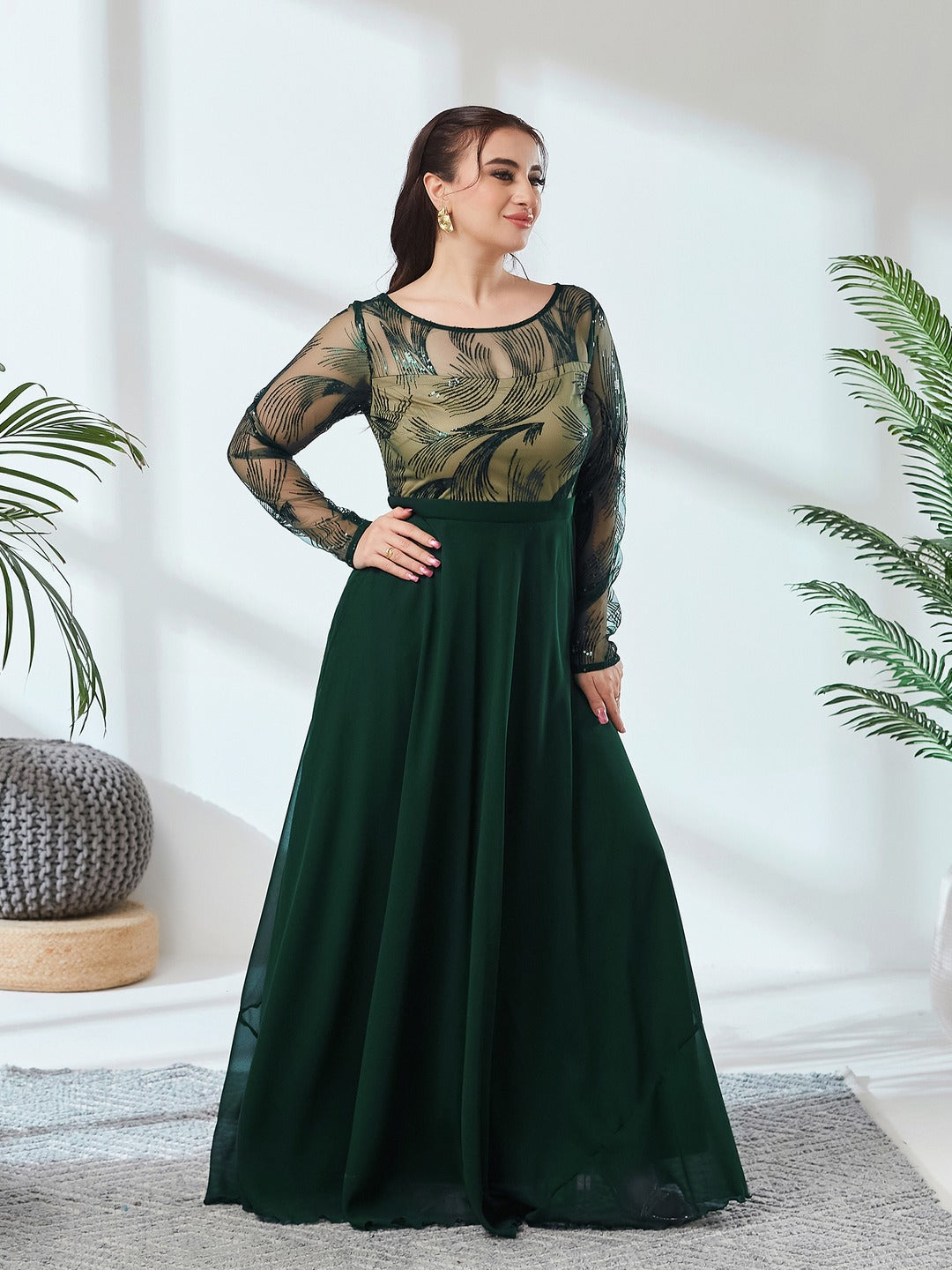 Green & Beige Solid Embellished Maxi Dress for Women