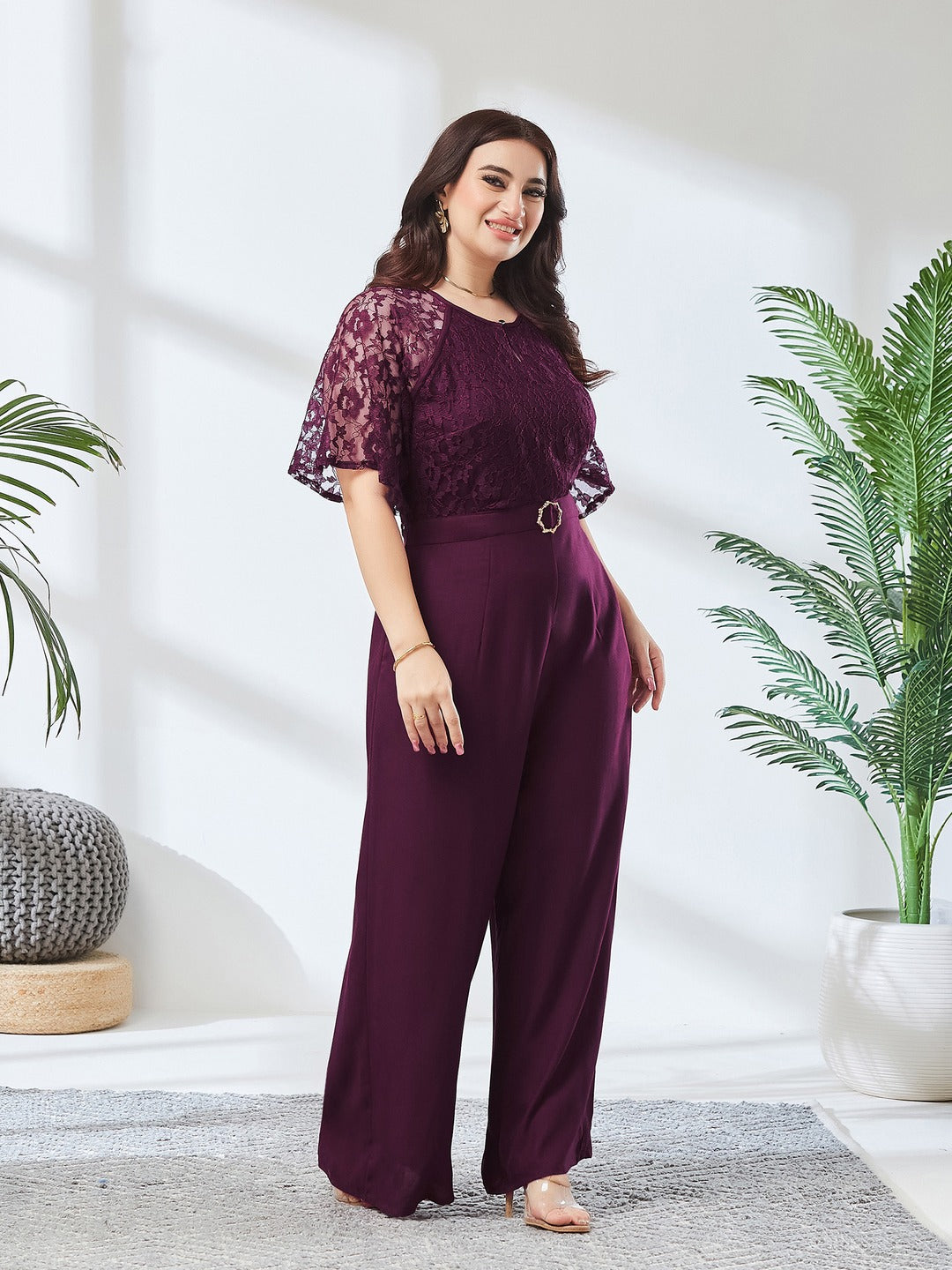 Wine Round Neck Flared Sleeve Floral Raglan Regular Jumpsuit for Women