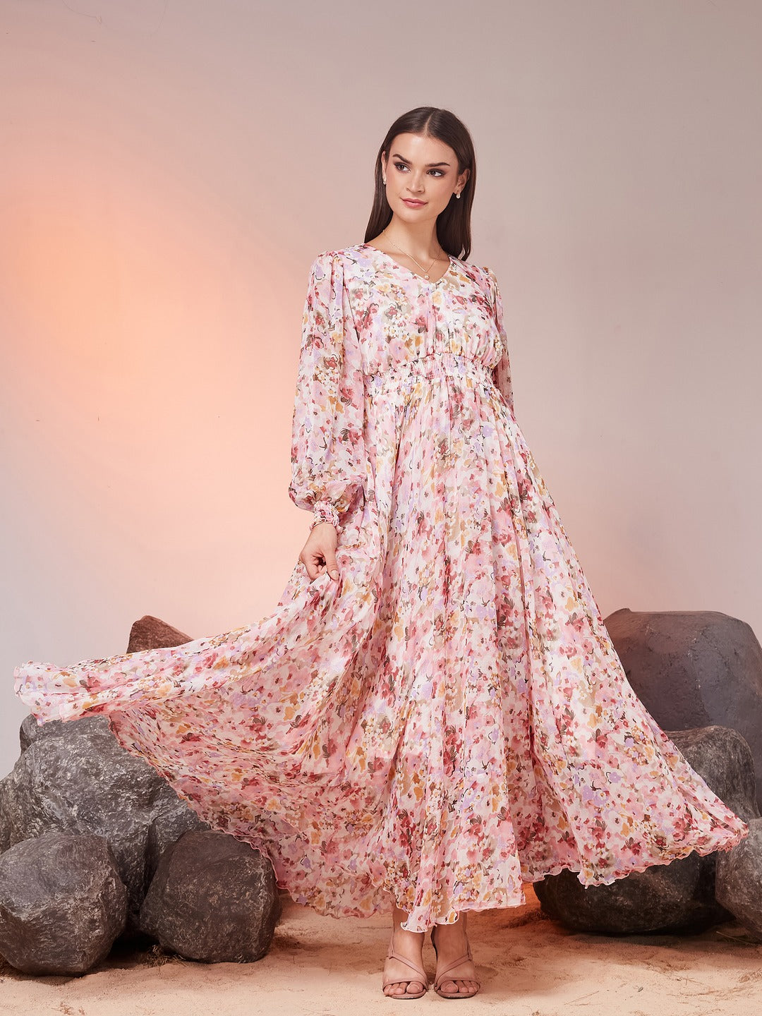 Pink V-Neck Smocked Bishop Sleeve Floral Gathered Chiffon Maxi Dress for Women