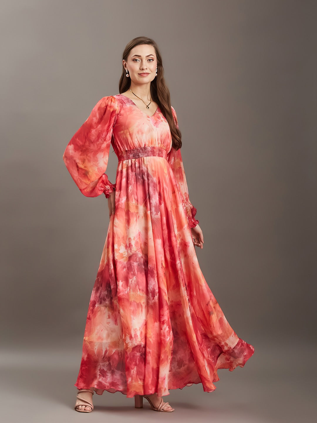Flame Orange & Pink Floral V-Neck Bishop Sleeve Smocked Chiffon Maxi Dress for Women
