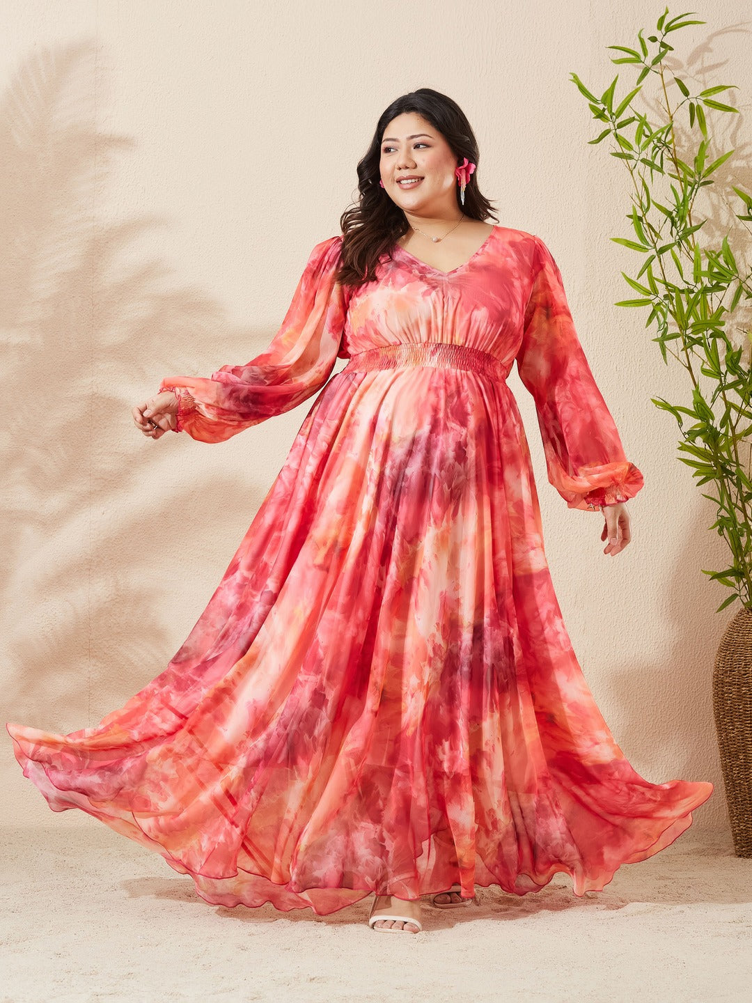Flame Orange & Pink Floral V-Neck Bishop Sleeve Smocked Chiffon Maxi Dress for Women